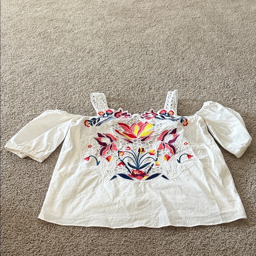 Tanya Taylor White Blouse with Vibrant Floral Embroidery